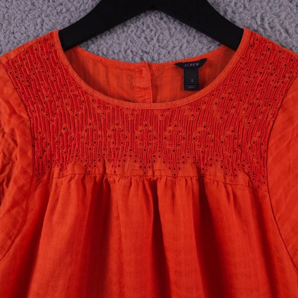 J Crew Shirt Womens 2 Orange Eyelet Embroidered Windowpane Sleeveless Blouse Top